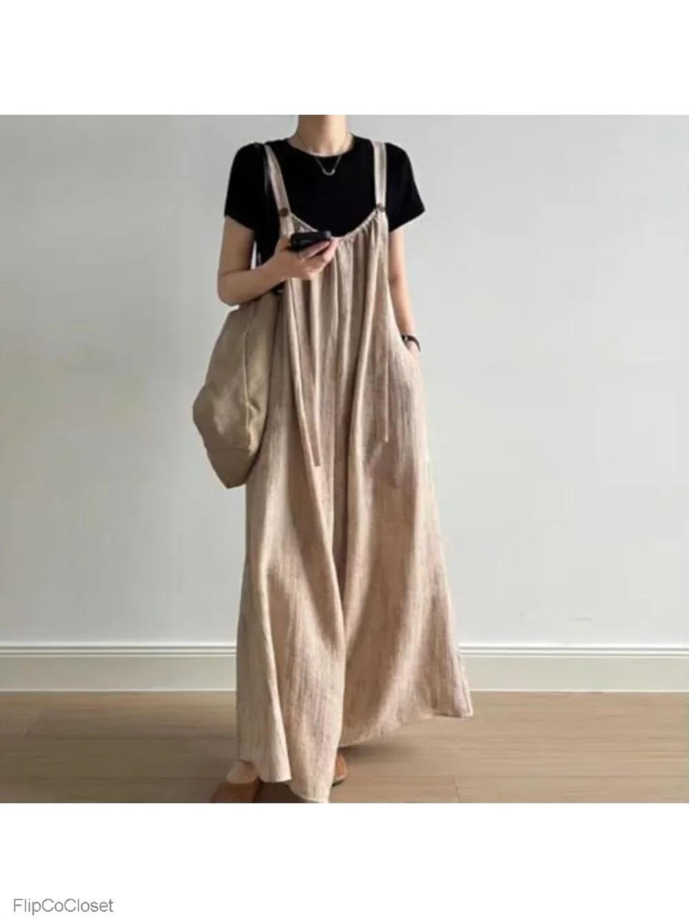 Japanese Style Loose Wide Leg Jumpsuit Overalls with Pockets for Women
